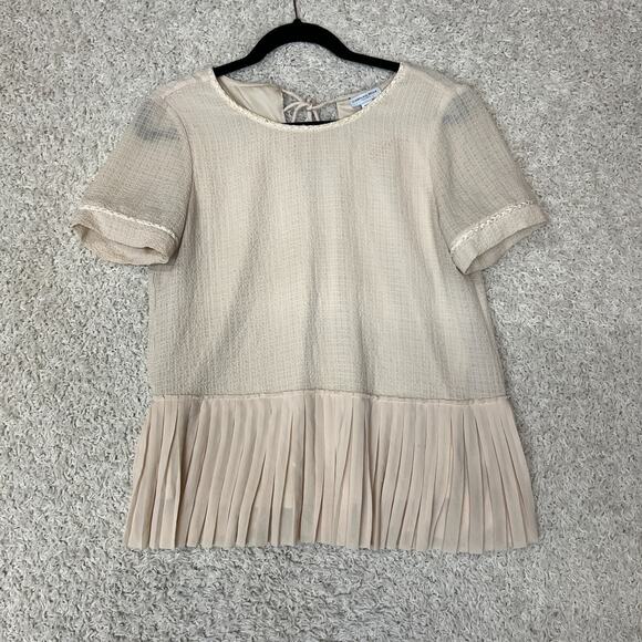 Carolina Belle Ruffle Trim Top Blouse Womens Medium Beige Classy Preppy Textured - Picture 1 of 11